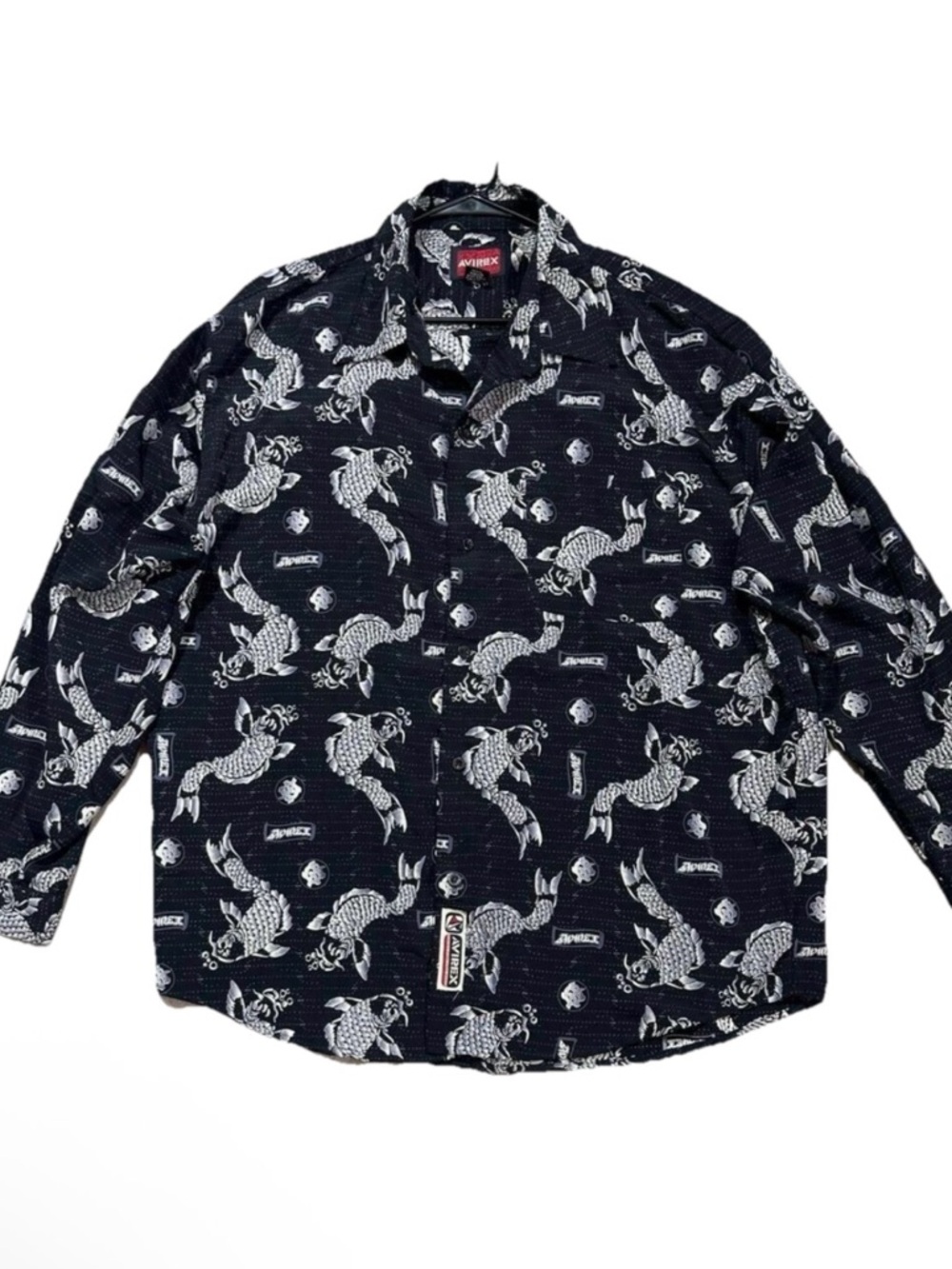 Avirex Men's XL Black White Japanese Koi Fish Button Up Shirt